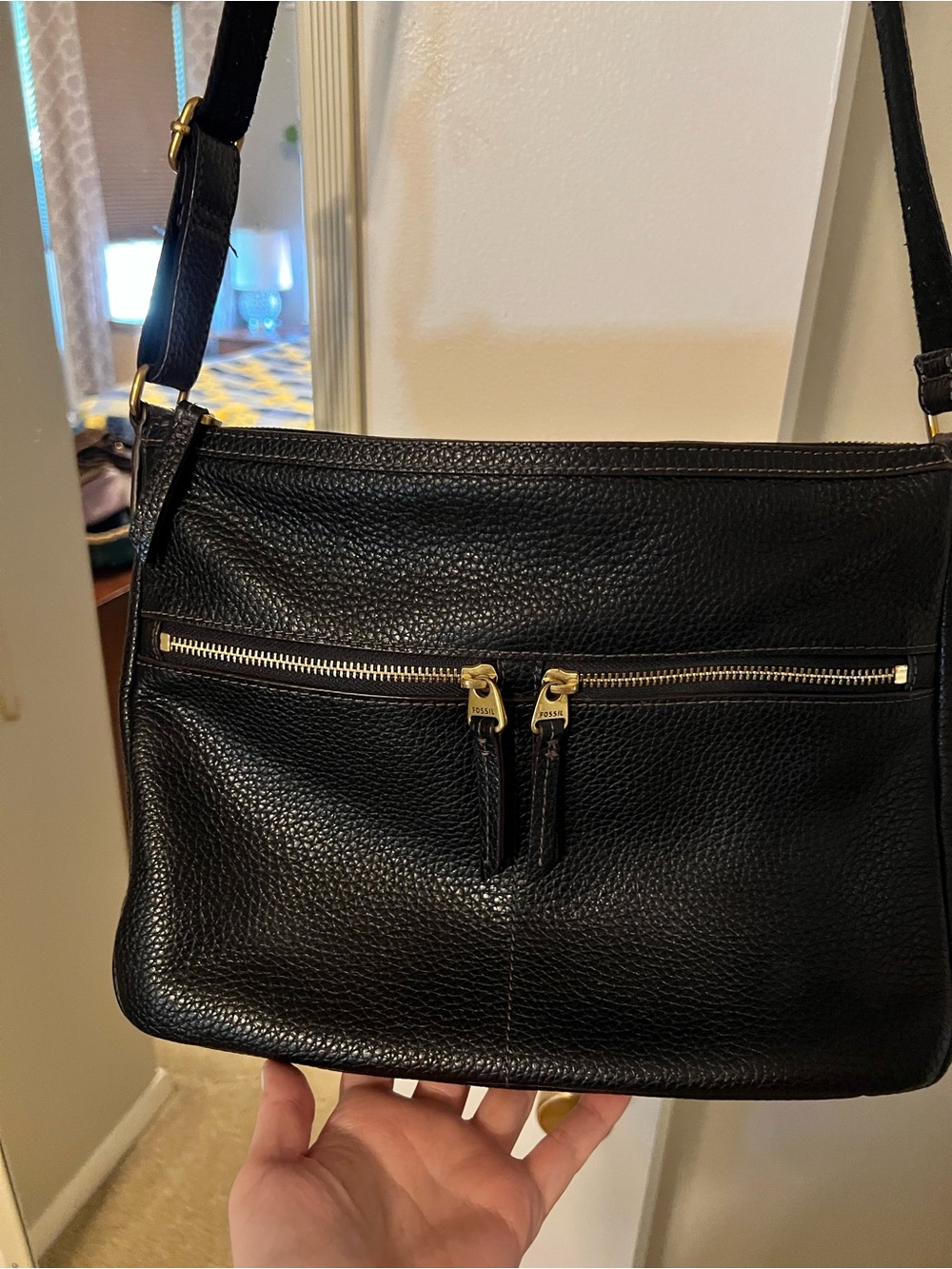 Black Leather Crossbody Bag with Gold Zippers